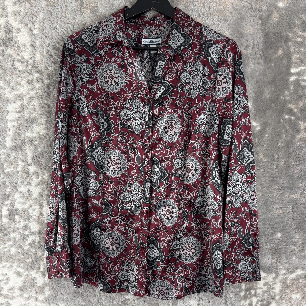 Croft Barrow Size M Stretch Floral‎ Print Casual Button Top Burgundy Long Sleeve